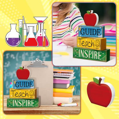 Yuntau 4 Pcs Teacher Appreciation Gift Wooden Apple Table Decoration Guide Teach Inspire Block Sign Apple Tiered Tray Decor Graduation Back to School Teachers Gift for Office Classroom - style: Apple