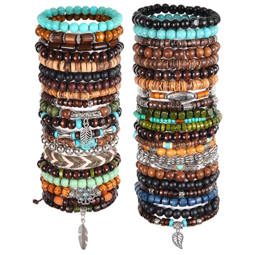 Mikovivi 43pcs Bohemian Wooden Beaded Bracelet Set, Adjustable Vintage Punk Wooden Bead Bracelet Jewelry for Men Women Commemorative Gift(Mixed Colored)
