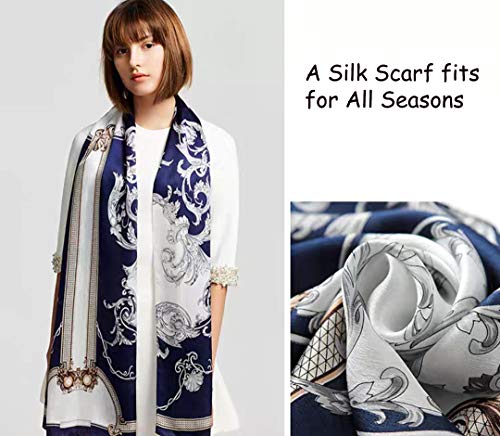 100% Mulberry Silk Long Scarf for Women Large Shawls for Headscarf and Neck- Oblong Hair Wraps with Gift Packed - color: Navy&white -Phoenix Tail Fern