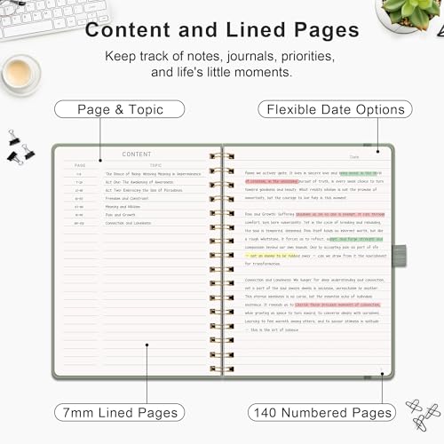 RETTACY Lined Journal Notebook, 140 Numbered Pages, A5 Medium Size (5.7'' x 8.3''), for Men & Women, Journaling, Writing, Work & Office, Spiral-bound, Hardcover, 100 GSM Thick Paper (Light Green)