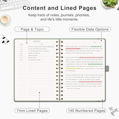 RETTACY Lined Journal Notebook, 140 Numbered Pages, A5 Medium Size (5.7'' x 8.3''), for Men & Women, Journaling, Writing, Work & Office, Spiral-bound, Hardcover, 100 GSM Thick Paper (Light Green)