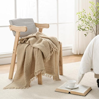 Muslin Blanket 100% Cotton Blanket Throw 50”x65”, Lightweight Breathable Summer Blanket Throw. Supersoft 4-Layer Gauze Throw Blanket for Sofa, Couch, Bed, All-Season Use, Sand