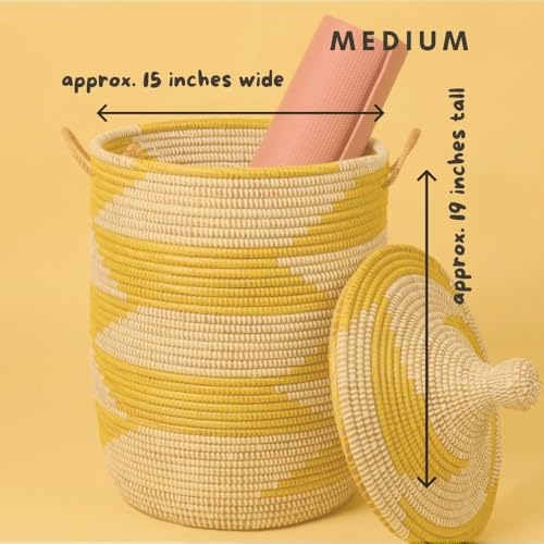 Medium Yellow Basket - Organize Bedroom, Living Room, Nursery - Laundry Hamper, Toy Bin, Blanket Storage, Towels Holder - Decorative, Boho Style - Wicker, Woven, Lid, Handles - size: Medium
