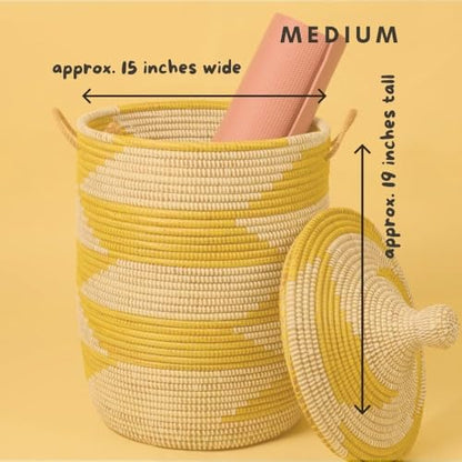 Medium Yellow Basket - Organize Bedroom, Living Room, Nursery - Laundry Hamper, Toy Bin, Blanket Storage, Towels Holder - Decorative, Boho Style - Wicker, Woven, Lid, Handles - size: Medium