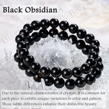 Bivei 8mm Beaded Bracelets for Women Handmade Semi Precious Natural Stone Stretch Elastic Jewelry Yoga Protection Gifts - color: Black Obsidian - Strength, size: Medium 6.8-7.3 inch