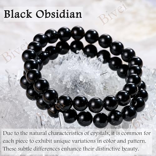 Bivei 8mm Beaded Bracelets for Women Handmade Semi Precious Natural Stone Stretch Elastic Jewelry Yoga Protection Gifts - color: Black Obsidian - Strength, size: Small 6.5-6.7 inch
