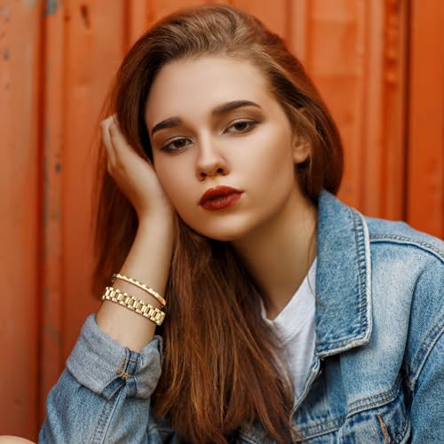 MPRAINBOW 2pcs 18K Gold Plated Chain Link Bracelet, Stainless Steel Crystal Friendship Bracelets Bangle,Watch Band Chains Wristband Jewelry with Adjust Tool - color: Gold Set - H