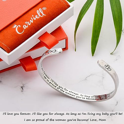 Carviell Bracelet - Gifts for Women – Inspirational, Friendship, Love, Mom, Daughter, Sister, Christian, Graduation, Memorial & Wedding Gifts – 100+ Phrases – Stainless Steel, Gift-Ready - style: DAUGHTER'S Gift - I'll love you forever. I'll like ....you'