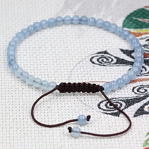 Keleny Natural Gemtones 4mm Round Beads Crystal Adjustable Braided Macrame Tassels Bracelets Unisex - color: Blue Aquamarine