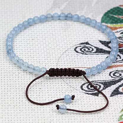 Keleny Natural Gemtones 4mm Round Beads Crystal Adjustable Braided Macrame Tassels Bracelets Unisex - color: Blue Aquamarine