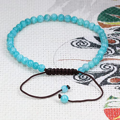 Keleny Natural Gemtones 4mm Round Beads Crystal Adjustable Braided Macrame Tassels Bracelets Unisex - color: Xin Jiang A Grade Blue Amazonite