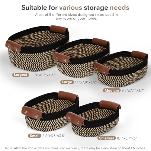 ECDYQXVU 5 Piece Storage Baskets Small Woven Basket with Detachable Leather Handle, Cotton Rope Shelf Baskets for Closet Organizers, Different Sizes Basket Decor, Black Brown