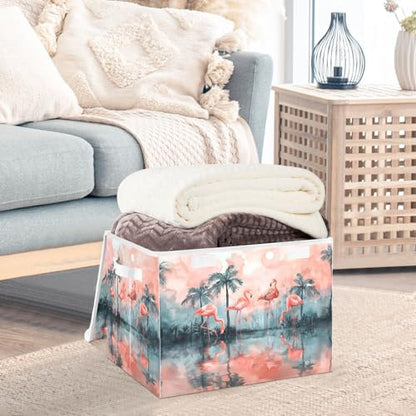 senya Large Storage Bins with Linen Collapsible Foldable Storage Cubes Fabric Closet Organizer Containers Box with Flip-Top Lid Home Bedroom Office 16.7 x 12.6 x 11.8in (Lovely Flamingos Palm Trees) - color: Lovely Flamingos Palm Trees