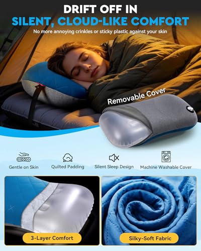 Hikenture Camping Pillow with Removable Cover - Ultralight Inflatable Pillow for Neck Lumbar Support - Upgrade Backpacking Pillow - Washable Travel Air Pillows for Camping, Hiking, Backpacking - color: Blue