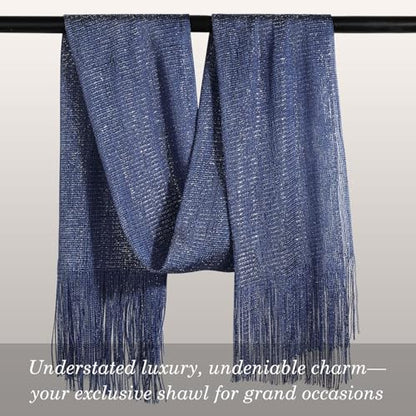 Sumolux Shawls Wraps for Evening Dresses Metallic Glitter Shawls Scarf for Women Sparkling Wedding with Free Buckle - color: Navy Blue
