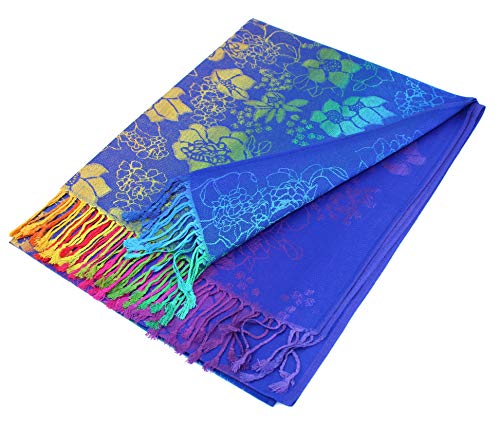 PASKMLNA Double Side Multi Colors Silky Tropical Colorful Exotic Pashmina Wrap Shawl Scarf Rave - color: 051-royal Blue Multi Feathers