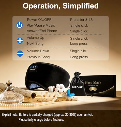 TOPOINT Sleep Mask with Headphones Bluetooth 5.4 Wireless, Sleep Headphones Earphones Earbuds with Microphone HD Speakers Music, Blackout Eye Mask for Sleeping Travel Meditation Men Women Cool Gadgets - color: Black, style: Ample Velvet