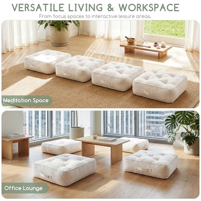 HIGOGOGO 6" Extra Thick Floor Pillow Cushion for Adults, Meditation Cushion Pillow with Handle, Lustrous Chenille Tufted, Square Floor Sitting for Tatami Living Room or Yoga, 22x22 Inch, Beige