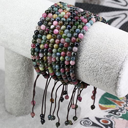 Keleny Natural Gemtones 4mm Round Beads Crystal Adjustable Braided Macrame Tassels Bracelets Unisex - color: Multicolor Tourmaline