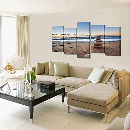 KREATIVE ARTS - 5 Pieces Canvas Prints Wall Art Zen Stones Balance Pebbles Stack on Beach Modern Wall Decor Stretched Gallery Canvas Wrap Giclee Print Ready to Hang (Large Size 60x32inch)