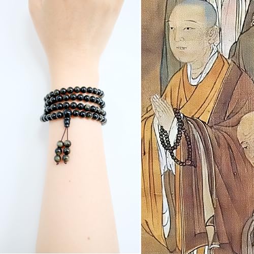 Tibetan Natural Black Obsidian Mala Beads 108, Buddhist Prayer Beads Japamala, Protection Crystal Beaded Tourmaline Bracelets, Meditation Golden Sheen Gemstone Necklace for Women Men - size: 6mm