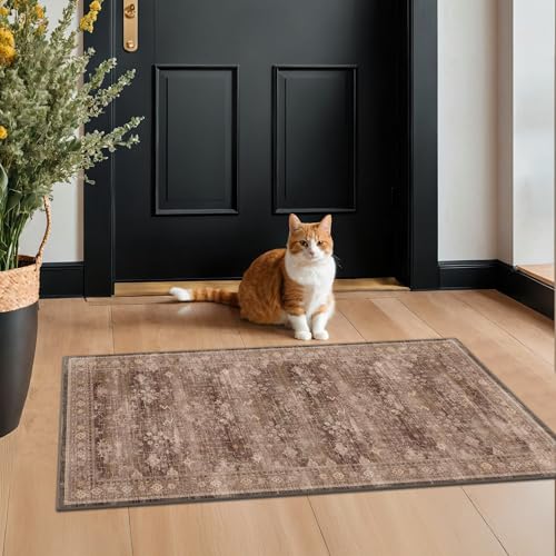Brown 2x4 Entryway Runner Rugs, Small Runners for Kitchen, Door Mat Indoor Entrance, Bathroom, Non-Slip Low-Pile Washable Stain Resistant, Vintage Taupe Earthy Decor - color: Brown, size: 2' x 4' (Rectangular)