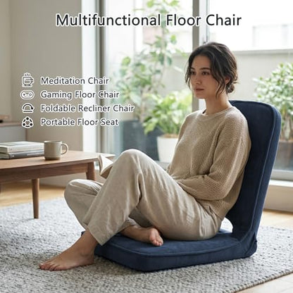 Floor Chair with Adjustable Back Support, Foldable Padded Gaming Floor Seat for Adults & Kids, Multi-Position Meditation Chair with Corduroy Cover for Reading, Gaming & Watching TV (Blue)
