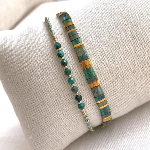 Tila Flat Beaded Stretch Bracelets for Women Stackable Gold Colorful Seed Beads Boho Bracelet Stack Adjustable Rope String Friendship Jewelry Trendy Holiday Gift - color: turquoise