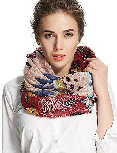 corciova Black Soft Girl Women Infinity Wrap Scarf Stretchy Jersey Knit Sleep Head Circle Scarf Continuous Loop Light Weight - color: Pattern Burgundy and Misty Rose Geometry