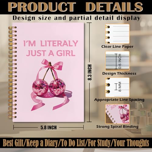I'm Literally Just a Girl Pink Coquette Cherry Bow Spiral Notebook 5.5x8.3, Preppy Girly Journal for Women, Pink Office Supplies, Aesthetic Notebooks for Note Taking - color: Notebook-05