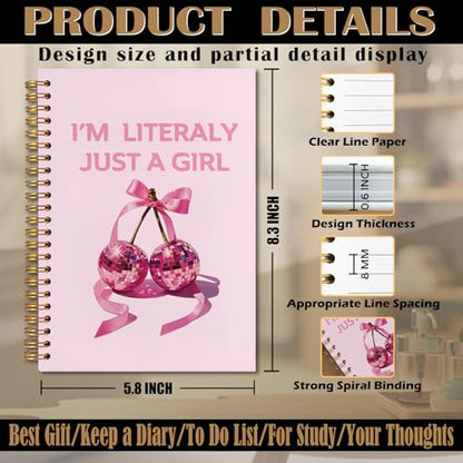 I'm Literally Just a Girl Pink Coquette Cherry Bow Spiral Notebook 5.5x8.3, Preppy Girly Journal for Women, Pink Office Supplies, Aesthetic Notebooks for Note Taking - color: Notebook-05