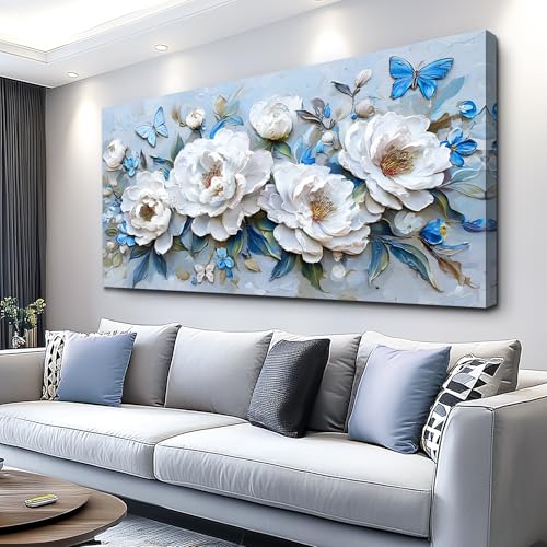 WLWBINTING Canvas Wall Art For Bedroom Large Wall Decor For Living Room Textured Flowers Paintings White Peonies Pictures Canvas Print Artwork Modern Office Home Room Decoration Mural 20" X 40" - color: White Flowers Painting, size: 40"L x 20"W