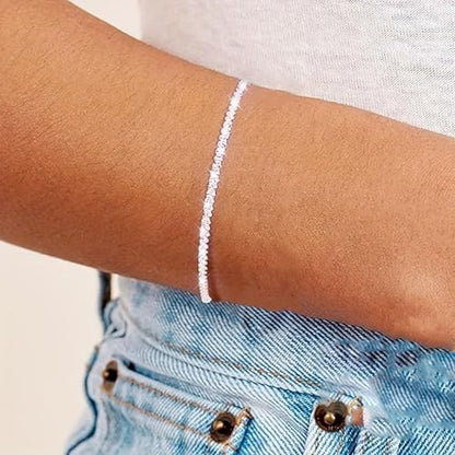 QLKILYR Silver Link Bracelet for Women, 14K White Gold Plated Hypoallergenic Lightweight Cute Sparkle Chain Bracelet, Small Adjustable Shiny Simple Bracelet
