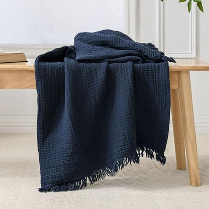 Esterra Muslin Throw Blanket 50x65 Inches Cozy Soft Lightweight Pre-Washed Cotton Blanket, All Season Breathable 4-Layer Gauze Blanket Throw for Sofa Couch Bed, Navy Blue - color: 13 - Navy Blue, size: Throw (50"x65")