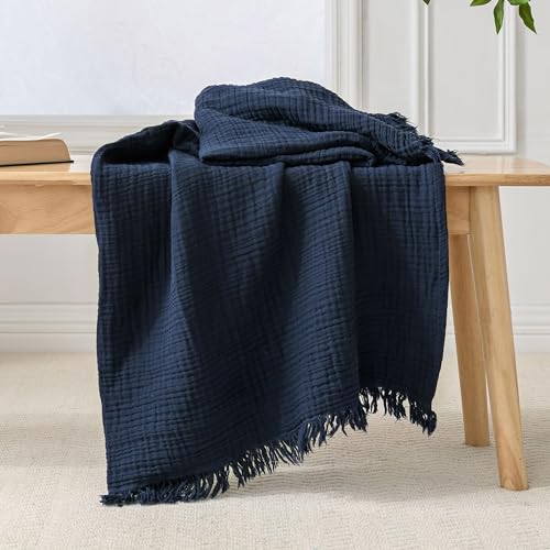 Esterra Muslin Throw Blanket 50x65 Inches Cozy Soft Lightweight Pre-Washed Cotton Blanket, All Season Breathable 4-Layer Gauze Blanket Throw for Sofa Couch Bed, Navy Blue - color: 13 - Navy Blue, size: Throw (50"x65")