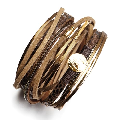 Fesciory Leopard Bracelet for Women, Boho Leather Wrap Multi-Layer Pearl Crystal Bracelet Bangle Jewelry - style: Disc(Brown)-Double Wrap