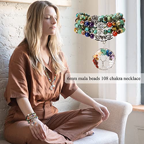 Bivei 108 Mala Beads Bracelet - 7 Chakra Tree of Life Real Healing Gemstone Yoga Meditation Mala Prayer Bead Necklace