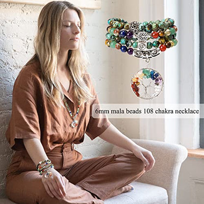 Bivei 108 Mala Beads Bracelet - 7 Chakra Tree of Life Real Healing Gemstone Yoga Meditation Mala Prayer Bead Necklace