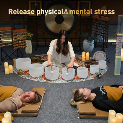 CVNC 440HZ 6-12 Inch Frosted Quartz Crystal Singing Bowls Chakra Set of 7 for Sound Healing with 2 PCS Travel Carry Case Bag - color: White-Blue Bag, size: 6"-12" White-Blue Bag