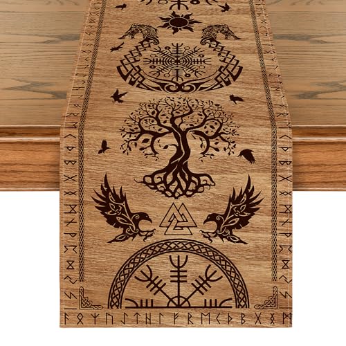 Artoid Mode Wood Viking Tree of Life Raven Helmet of Awe Table Runner, Seasonal Kitchen Dining Table Decoration for Home Party Decor 13x72 Inch - color: Brown, size: 13" x 72", Table Runner