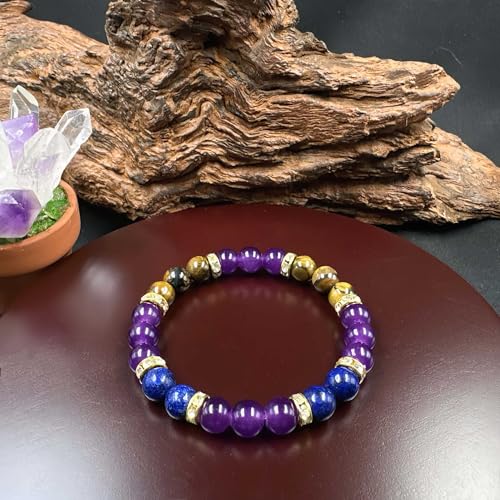 Amethyst Tiger's Eye Lapis Lazuli Crystal Bracelets for Women Men Natural Stone Handmade Gemstone Stretch Healing Yoga Beaded Bracelet Anxierty Protection Good Luck Spiritual Jewelry Gifts 8mm - color: AL-0123, size: Medium