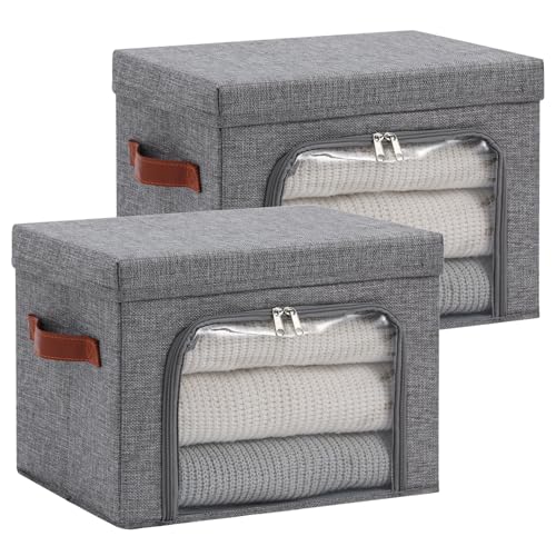 2PCS Large Storage Bins Boxes with Lids Clear Window Zipper Closure Decorative Cotton Linen Fabric Baskets with PU Leather Handles PP Board Collapsible Clothes Shelf Closet Organizer (Gray) - color: Gray, size: Large ( Pack of 2 )