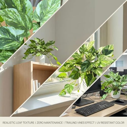 Artificial Plants Faux Pothos with Plastic White Pot Artificial Potted Plant for Home Office Bedroom Indoor Outdoor Decor 1 Pack(Light Green)