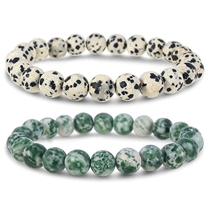 Bivei Natural Gemstone Semi Precious Healing Crystals Handmade Stretchy Round Beads Bracelet,Stocking Stuffers for Women Enhance Positive Energy - color: 8mm Dalmatian Jasper & Green Jasper (Inner Strength), size: Medium: 6.8-7.24 inch