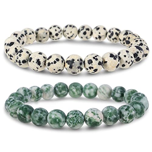 Bivei Natural Gemstone Semi Precious Healing Crystals Handmade Stretchy Round Beads Bracelet,Stocking Stuffers for Women Enhance Positive Energy - color: 8mm Dalmatian Jasper & Green Jasper (Inner Strength), size: Large: 8-8.26 inch
