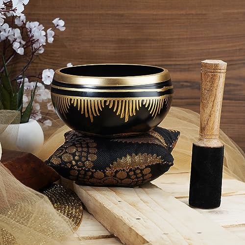 Ajuny Tibetan Singing Bowl Set - Handcrafted Meditation Brass Sound Bowl with Stick and Cushion for Yoga, Chakra Healing, Mindfulness and Stress Relief Spiritual Gifts - Gold Black