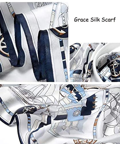 100% Mulberry Silk Long Scarf for Women Large Shawls for Headscarf and Neck- Oblong Hair Wraps with Gift Packed - color: White&blue-sailing