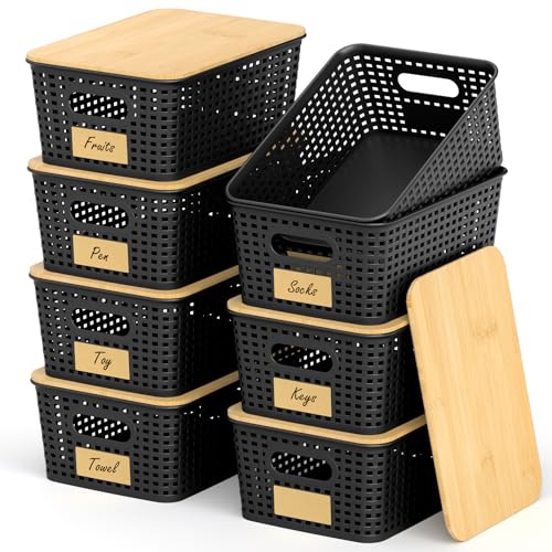 Stackable Storage Basket: Plastic Baskets Bins, Baskets for Organizing, Pantry Decorative Containers for Closets, Cabinets, Shelves(8 Pack, Black) - color: Black