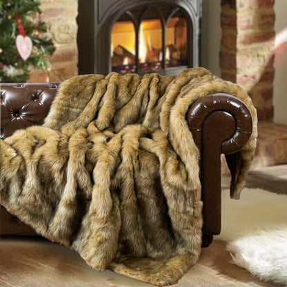 BATTILO HOME Golden Faux Fur Throw Blanket for Couch Sofa, Long Pile Fur Blankets and Throws, Elegant, Fluffy Thick Warm Heavyweight Fur Blanket Reversible to Plush Velvet, 50"x60" - color: Ochre, size: 50"x60"