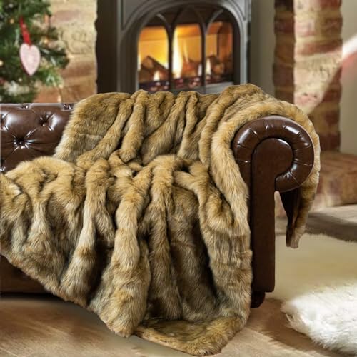 BATTILO HOME Golden Faux Fur Throw Blanket for Couch Sofa, Long Pile Fur Blankets and Throws, Elegant, Fluffy Thick Warm Heavyweight Fur Blanket Reversible to Plush Velvet, 50"x60" - color: Ochre, size: 50"x60"